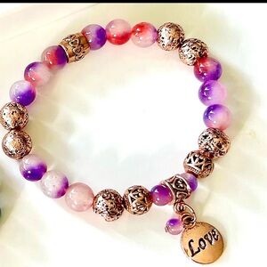 Lava Bead Bracelet with Gemstones & Inspiration Rose Gold Tone Charm in Gift Bag